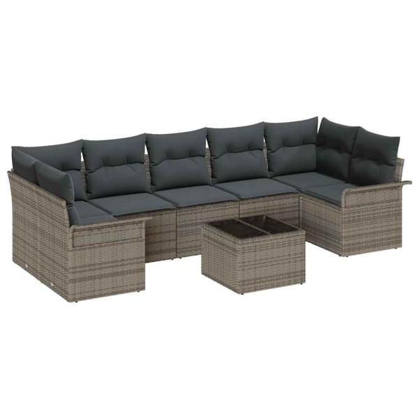 8-teiliges Garten Sofa Set mit Kissen Grau Poly Rattan, 2-sitziges Garten Sofa mit Stauraum & Kissen Grau Poly Rattan
