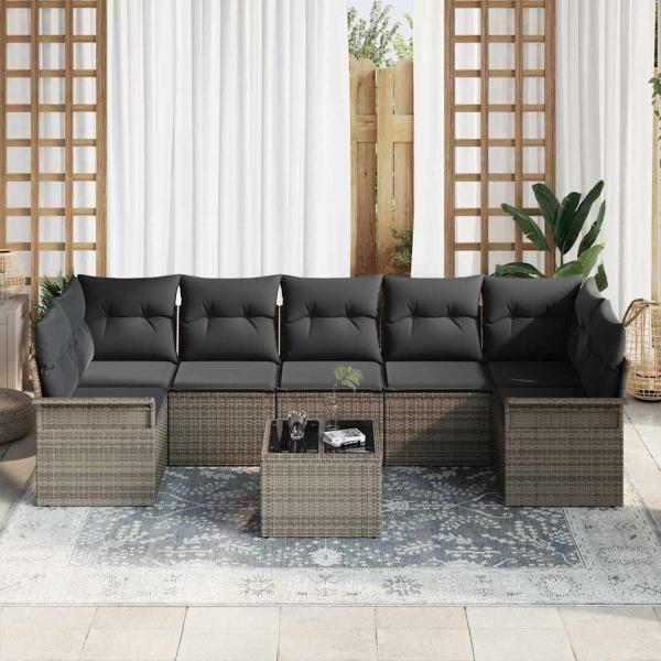8-teiliges Garten Sofa Set mit Kissen Grau Poly Rattan, 2-sitziges Garten Sofa mit Stauraum & Kissen Grau Poly Rattan