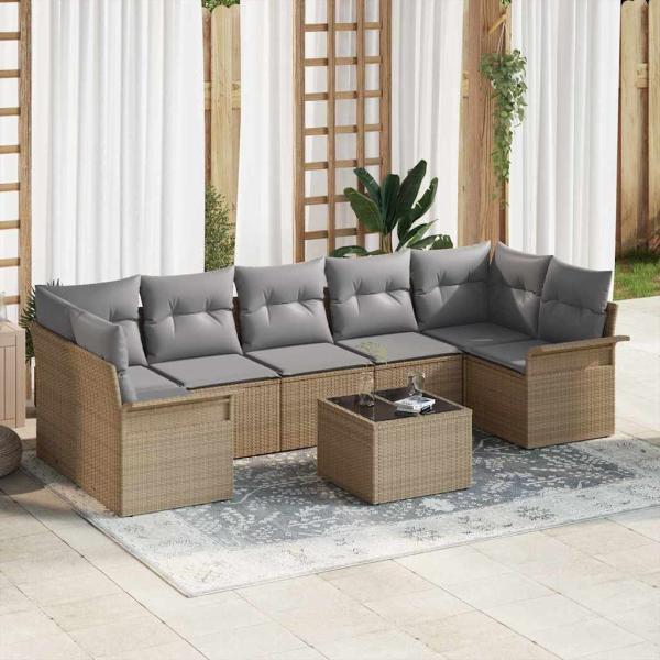 ARDEBO.de - 8-teiliges Garten Sofa Set mit Kissen in Beige aus Poly Rattan, 2-Sitzer Garten Sofa mit Stauraum & Kissen in Beige aus Poly Rattan