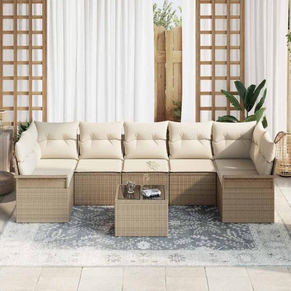 8-teiliges Garten Sofa Set mit Kissen Beige Poly Rattan, 2-Sitzer Garten Sofa mit Stauraum & Kissen Beige Poly Rattan
