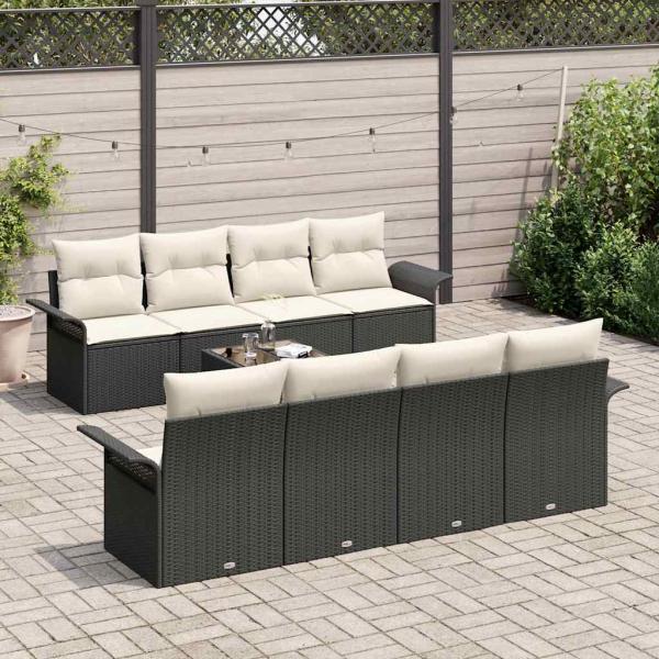 9-teiliges Garten-Sofa-Set mit Kissen Schwarz Poly Rattan, {en-US=2-Sitzer Garten-Sofa mit Stauraum & Kissen Schwarz Poly Rattan, fr-FR=Canapé de jardin 2 places avec rangement et coussins en poly rotin noir, fr-CA=Canapé de jardin 2 places avec rangement