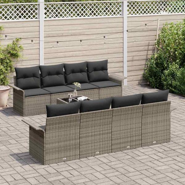 9-teiliges Garten-Sofa-Set mit Kissen Grau Poly-Rattan, 2-Sitzer Garten-Sofa mit Stauraum & Kissen Grau Poly-Rattan