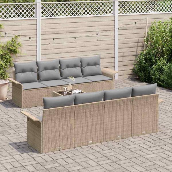 9-teiliges Gartensofa-Set mit Kissen Beige Poly-Rattan, 2-Sitzer Gartensofa mit Stauraum & Kissen Beige Poly-Rattan
