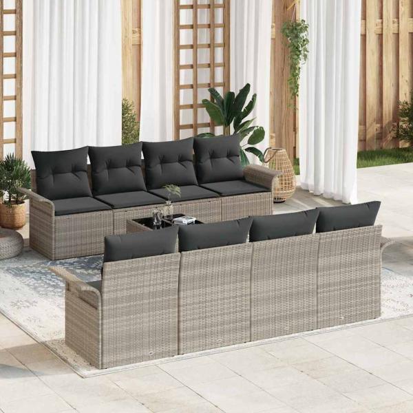 ARDEBO.de - 9-teiliges Garten Sofa Set mit Kissen Hellgrau Poly Rattan, 2-Sitzer Garten Sofa mit Stauraum & Kissen Hellgrau Poly Rattan