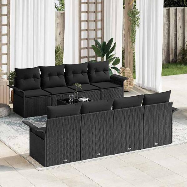 ARDEBO.de - 9-teiliges Garten Sofa Set mit Kissen Schwarz Poly Rattan, 2-Sitzer Garten Sofa mit Stauraum & Kissen Schwarz Poly Rattan