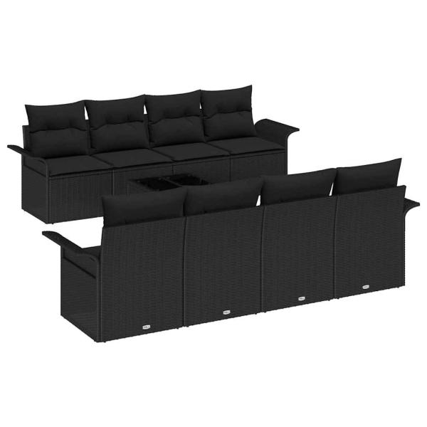 9-teiliges Garten Sofa Set mit Kissen Schwarz Poly Rattan, 2-Sitzer Garten Sofa mit Stauraum & Kissen Schwarz Poly Rattan