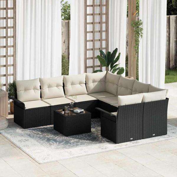 ARDEBO.de - Gartensofa-set 9 stk. Schwarz und Creme Poly-Rattan