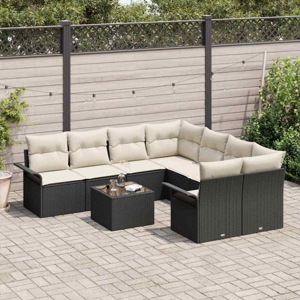 Gartensofa-set 9 stk. Schwarz und Creme Poly-Rattan