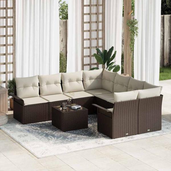 ARDEBO.de - 9-teiliges Garten Sofa Set mit Kissen Braun Poly Rattan, 2-Sitzer Garten Sofa mit Stauraum & Kissen Braun Poly Rattan