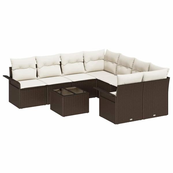 9-teiliges Garten Sofa Set mit Kissen Braun Poly Rattan, 2-Sitzer Garten Sofa mit Stauraum & Kissen Braun Poly Rattan