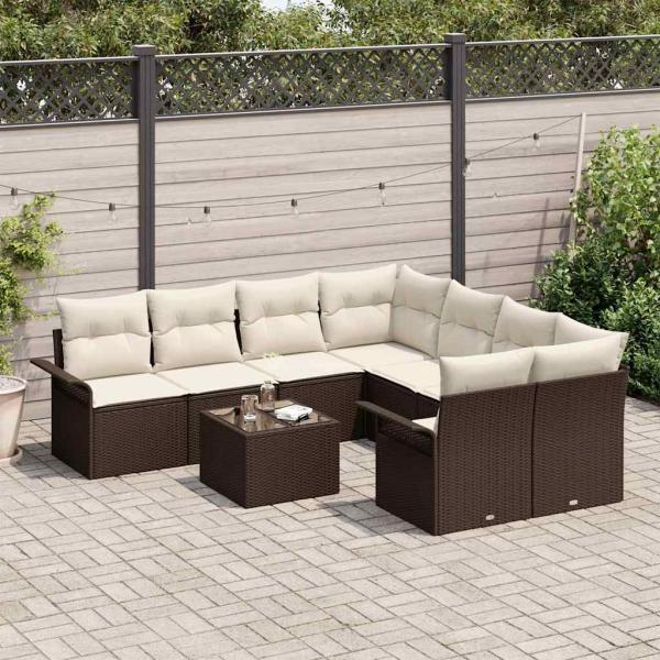 9-teiliges Garten Sofa Set mit Kissen Braun Poly Rattan, 2-Sitzer Garten Sofa mit Stauraum & Kissen Braun Poly Rattan