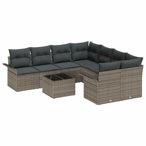 9-teiliges Garten-Sofa-Set mit Kissen Grau Poly Rattan, 2-Sitzer Garten-Sofa mit Stauraum & Kissen Grau Poly Rattan