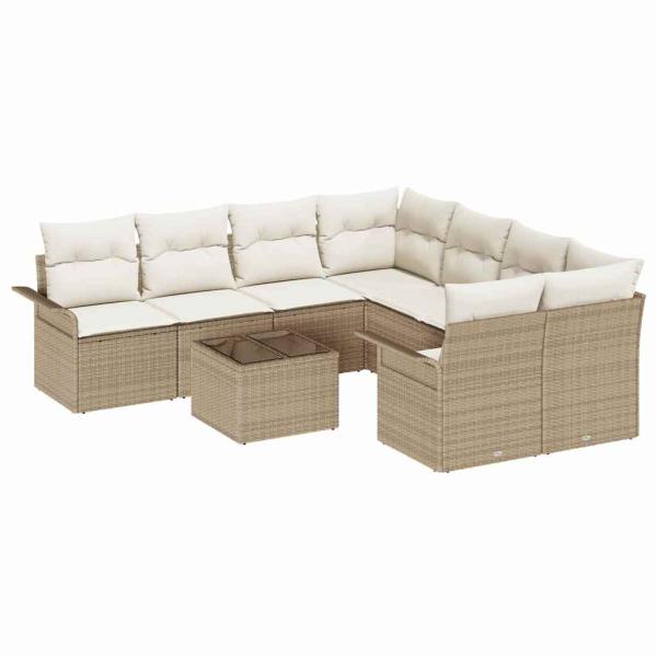 9-teiliges Garten Sofa Set mit Kissen Beige Poly Rattan, 2-Sitzer Garten Sofa mit Stauraum & Kissen Beige Poly Rattan