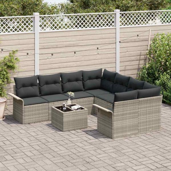 9-teilige Garten Sofa Set mit Kissen Hellgrau Poly Rattan, 2-Sitzer Garten Sofa mit Stauraum & Kissen Hellgrau Poly Rattan