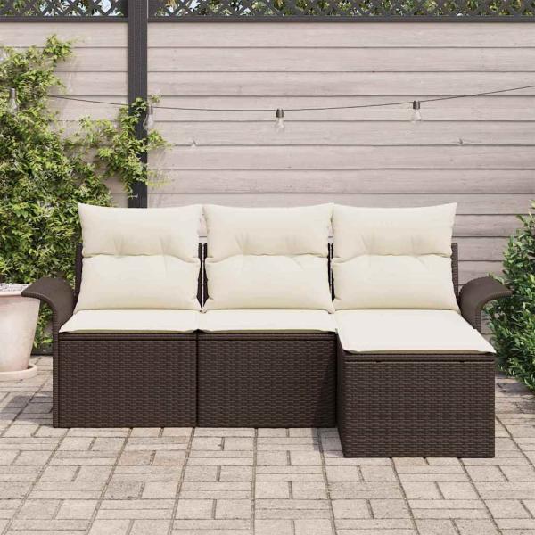 4-teiliges Garten Sofa Set mit Kissen Braun Poly Rattan, 2-Sitzer Garten Sofa mit Stauraum & Kissen Braun Poly Rattan