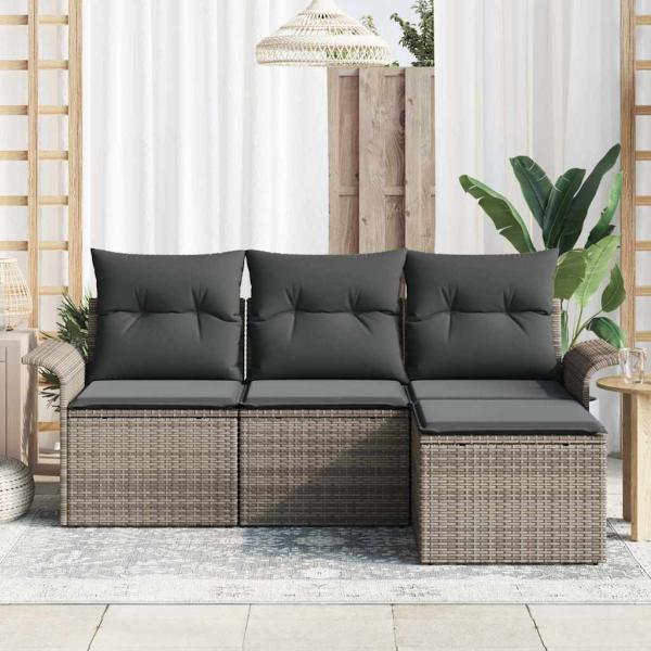 4-teilige Garten-Sofa-Sitzgruppe mit Kissen Grau Poly-Rattan, 2-Sitzer Garten-Sofa mit Stauraum & Kissen Grau Poly-Rattan