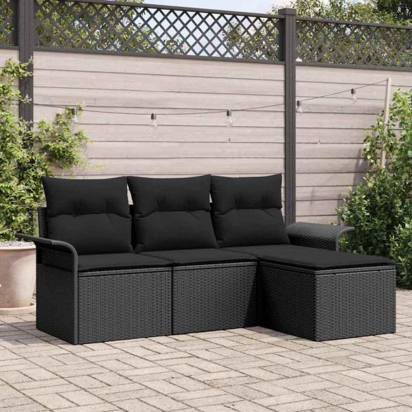 ARDEBO.de - 4-teiliges Garten Sofa Set mit Kissen Schwarz Poly Rattan, 2-Sitzer Garten Sofa mit Stauraum & Kissen Schwarz Poly Rattan