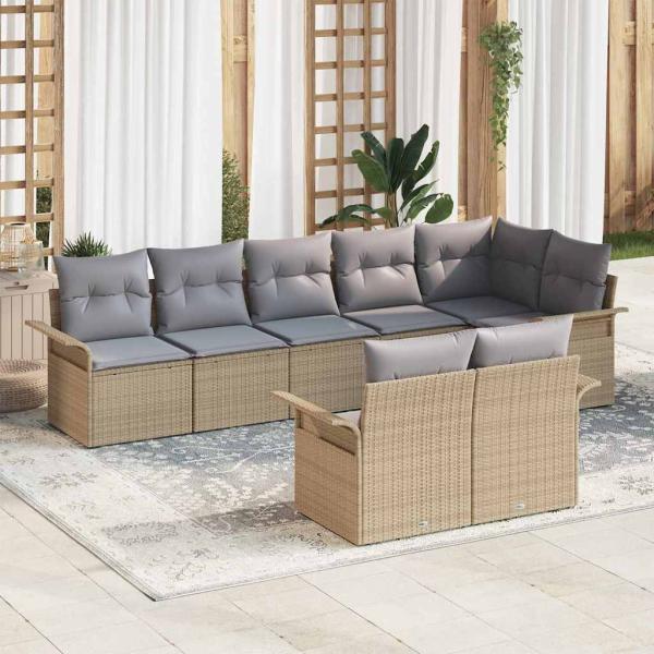 ARDEBO.de - 8-teilige Garten Sofa Set mit Kissen Beige Poly Rattan, 2-Sitzer Garten Sofa mit Stauraum & Kissen Beige Poly Rattan