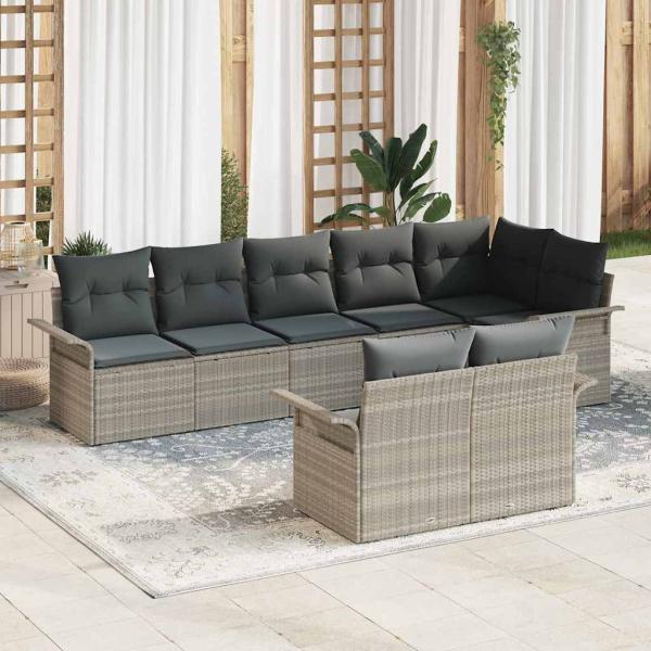 ARDEBO.de - 8-teiliges Garten Sofa Set mit Kissen Hellgrau Poly Rattan, 2-Sitzer Garten Sofa mit Stauraum & Kissen Hellgrau Poly Rattan