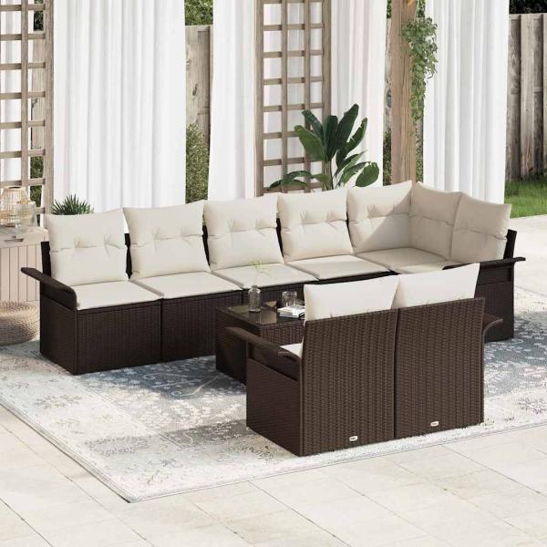ARDEBO.de - 8-teiliges Garten-Sofa-Set mit Kissen Grau Poly Rattan, 2-Sitzer Garten-Sofa mit Stauraum & Kissen Braun Poly Rattan