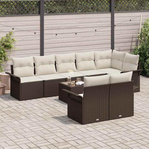 8-teiliges Garten-Sofa-Set mit Kissen Grau Poly Rattan, 2-Sitzer Garten-Sofa mit Stauraum & Kissen Braun Poly Rattan