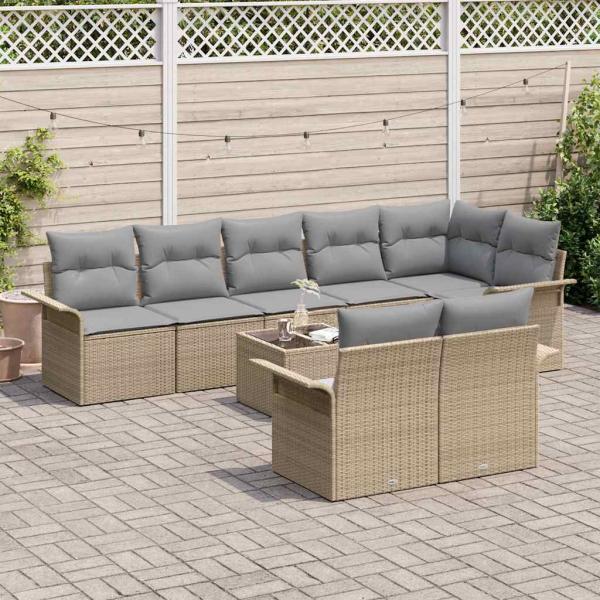 9-teiliges Garten-Sofa-Set mit Kissen in schwarzem Poly-Rattan, 2-Sitzer Garten-Sofa mit Stauraum und Kissen in beige Poly-Rattan