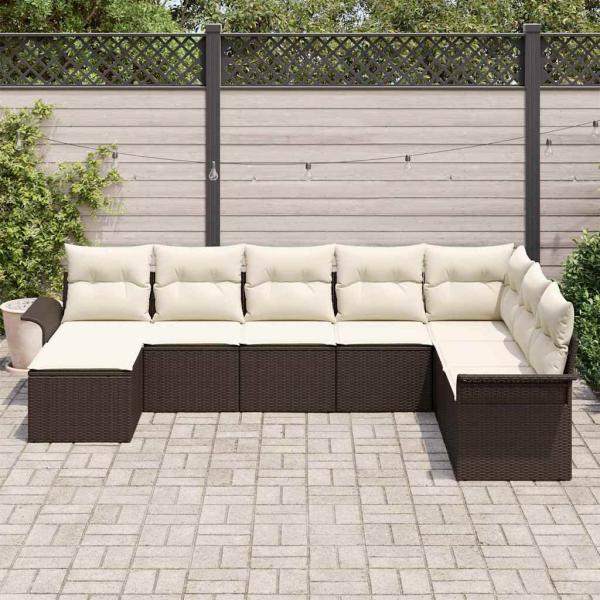 8-teiliges Garten-Sofa-Set mit Kissen Braun Poly Rattan, 2-Sitzer Garten-Sofa mit Stauraum & Kissen Braun Poly Rattan