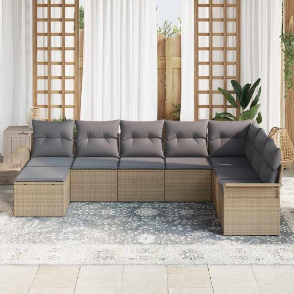 8 Teile Garten Sofa Set mit Kissen Beige Poly Rattan, 2-Sitzer Garten Sofa mit Stauraum & Kissen Beige Poly Rattan