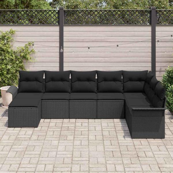 8-teiliges Gartensofa Set mit Kissen Schwarz Poly Rattan, 2-Sitzer Gartensofa mit Stauraum & Kissen Schwarz Poly Rattan
