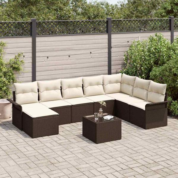 ARDEBO.de - 8-teiliges Garten Sofaset mit Kissen Grau Poly Rattan, 2-sitziges Garten Sofa mit Stauraum & Kissen Braun Poly Rattan