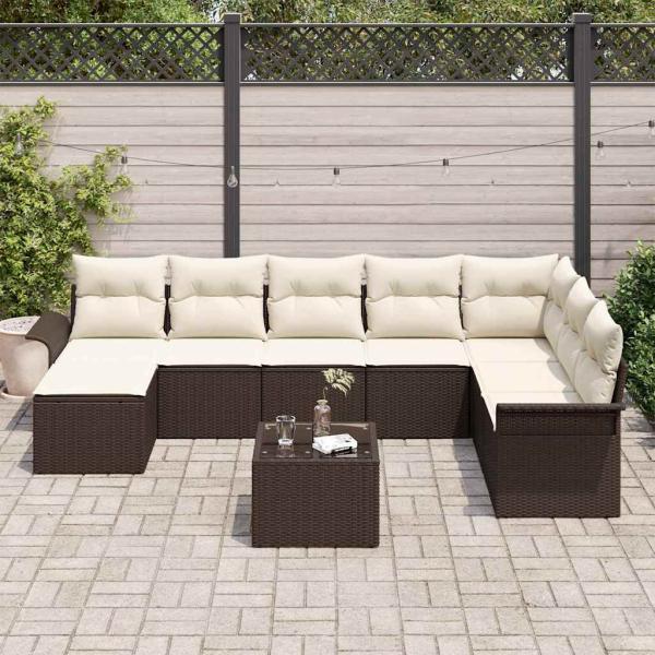8-teiliges Garten Sofaset mit Kissen Grau Poly Rattan, 2-sitziges Garten Sofa mit Stauraum & Kissen Braun Poly Rattan