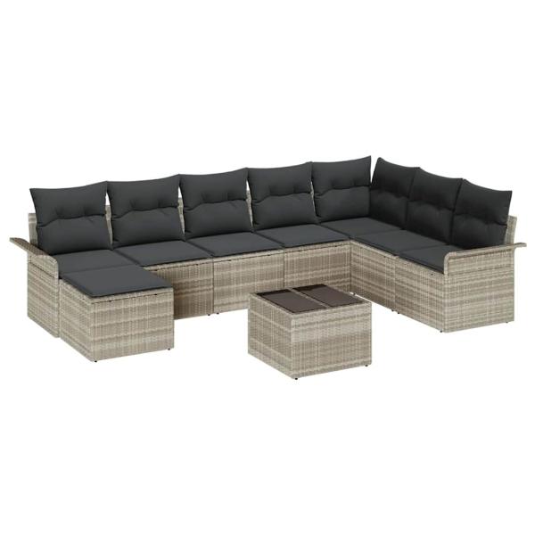 9-teiliges Garten Sofaset mit Kissen Grau Poly Rattan, 2-Sitzer Garten Sofa mit Stauraum & Kissen Hellgrau Poly Rattan