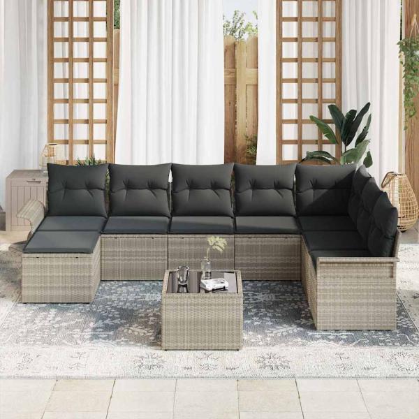 9-teiliges Garten Sofaset mit Kissen Grau Poly Rattan, 2-Sitzer Garten Sofa mit Stauraum & Kissen Hellgrau Poly Rattan