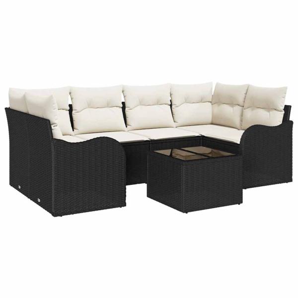 7-teiliges Garten-Sofa-Set mit Kissen Schwarz Poly-Rattan, 2-Sitzer Garten-Sofa mit Stauraum & Kissen Schwarz Poly-Rattan
