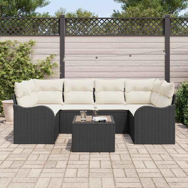 7-teiliges Garten-Sofa-Set mit Kissen Schwarz Poly-Rattan, 2-Sitzer Garten-Sofa mit Stauraum & Kissen Schwarz Poly-Rattan