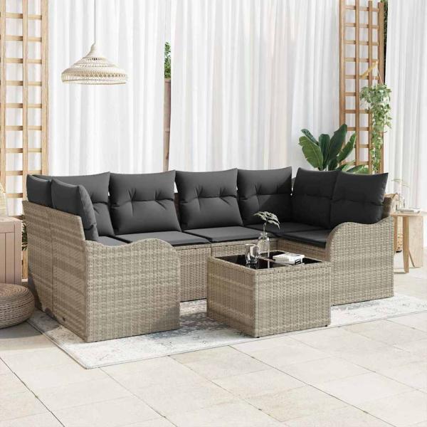 ARDEBO.de - 7-teiliges Garten-Sofa-Set mit Kissen Hellgrau Poly Rattan, 2-Sitzer Garten-Sofa mit Stauraum & Kissen Hellgrau Poly Rattan