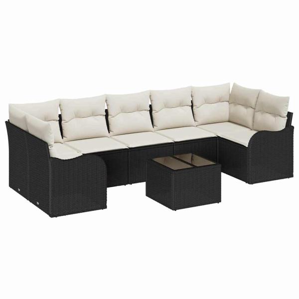 8-teiliges Garten-Sofa-Set mit Kissen Schwarz Poly Rattan, 2-Sitzer Garten-Sofa mit Stauraum & Kissen Schwarz Poly Rattan