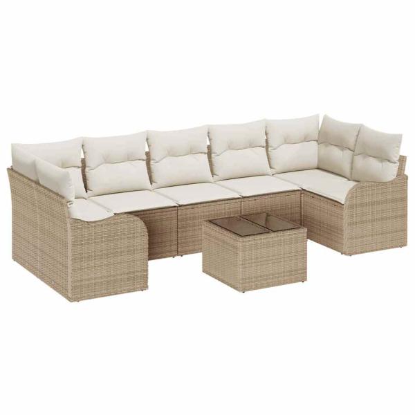 8-teiliges Garten Sofa Set mit Kissen Beige Poly Rattan, 2-Sitzer Garten Sofa mit Stauraum & Kissen Beige Poly Rattan