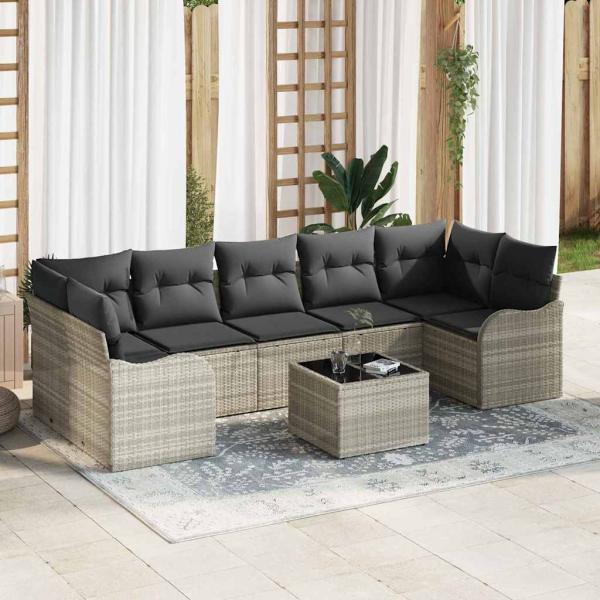 ARDEBO.de - 8-teiliges Garten Sofa Set mit Kissen Hellgrau Poly Rattan, 2-Sitzer Garten Sofa mit Stauraum & Kissen Hellgrau Poly Rattan