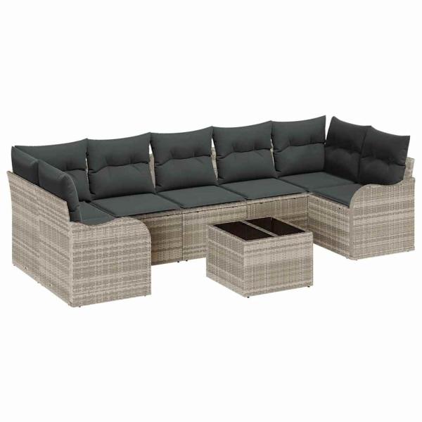 8-teiliges Garten Sofa Set mit Kissen Hellgrau Poly Rattan, 2-Sitzer Garten Sofa mit Stauraum & Kissen Hellgrau Poly Rattan