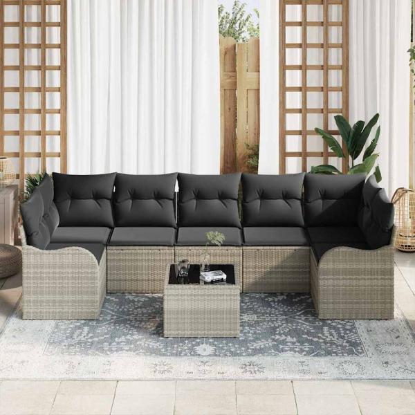 8-teiliges Garten Sofa Set mit Kissen Hellgrau Poly Rattan, 2-Sitzer Garten Sofa mit Stauraum & Kissen Hellgrau Poly Rattan