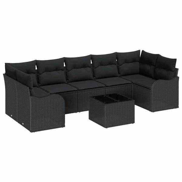 ARDEBO.de - 8-teiliges Garten Sofa Set mit Kissen Schwarz Poly Rattan, 2-Sitzer Garten Sofa mit Stauraum & Kissen Schwarz Poly Rattan