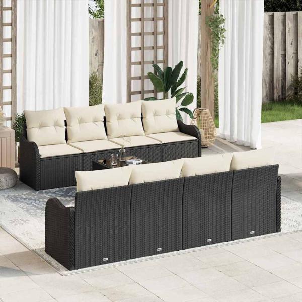 ARDEBO.de - 9-teiliges Garten Sofa Set mit Kissen Schwarz Poly Rattan, 2-Sitzer Garten Sofa mit Stauraum & Kissen Schwarz Poly Rattan