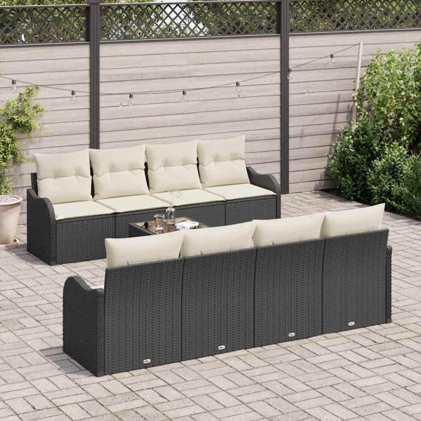 9-teiliges Garten Sofa Set mit Kissen Schwarz Poly Rattan, 2-Sitzer Garten Sofa mit Stauraum & Kissen Schwarz Poly Rattan