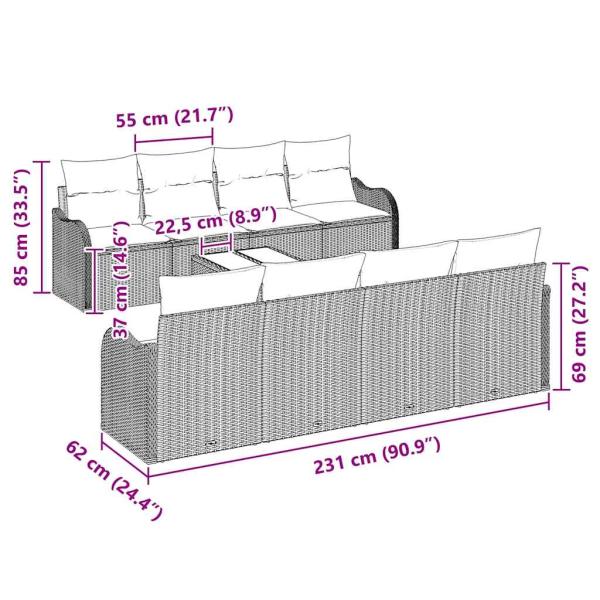 9-teiliges Garten Sofa Set mit Kissen Braun Poly Rattan, 2-Sitzer Garten Sofa mit Stauraum & Kissen Braun Poly Rattan