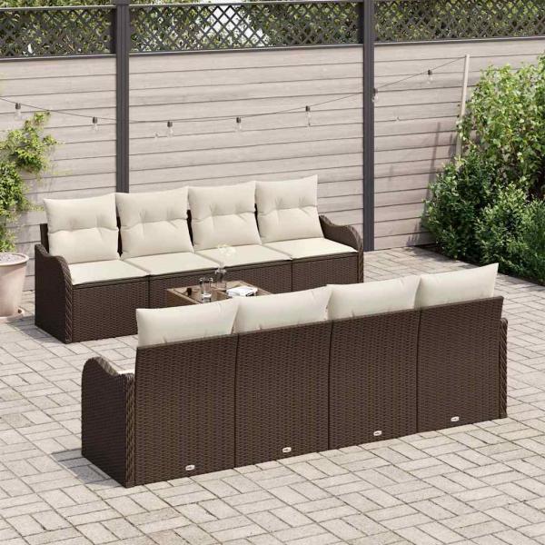9-teiliges Garten Sofa Set mit Kissen Braun Poly Rattan, 2-Sitzer Garten Sofa mit Stauraum & Kissen Braun Poly Rattan