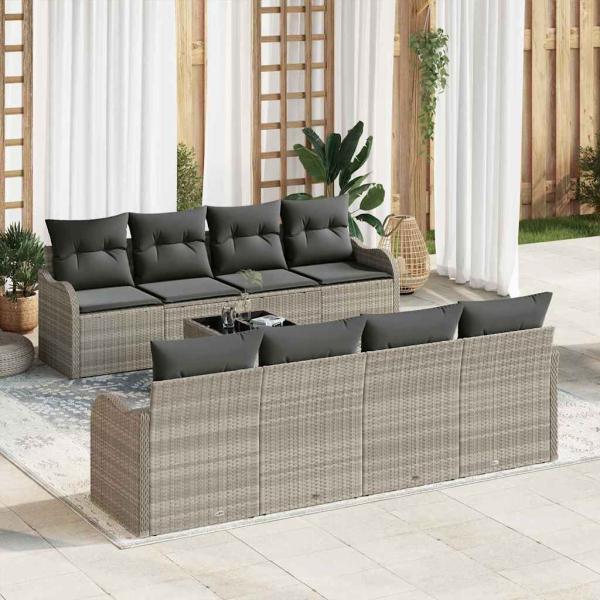 ARDEBO.de - 9-teiliges Garten Sofa Set mit Kissen Hellgrau Poly Rattan, 2-Sitzer Garten Sofa mit Stauraum & Kissen Hellgrau Poly Rattan