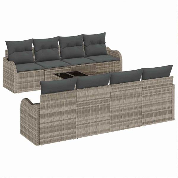 9-teiliges Garten Sofa Set mit Kissen Hellgrau Poly Rattan, 2-Sitzer Garten Sofa mit Stauraum & Kissen Hellgrau Poly Rattan