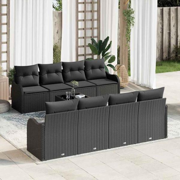 ARDEBO.de - 9-teiliges Garten Sofa Set mit Kissen Schwarz Poly Rattan, 2-Sitzer Garten Sofa mit Stauraum & Kissen Schwarz Poly Rattan