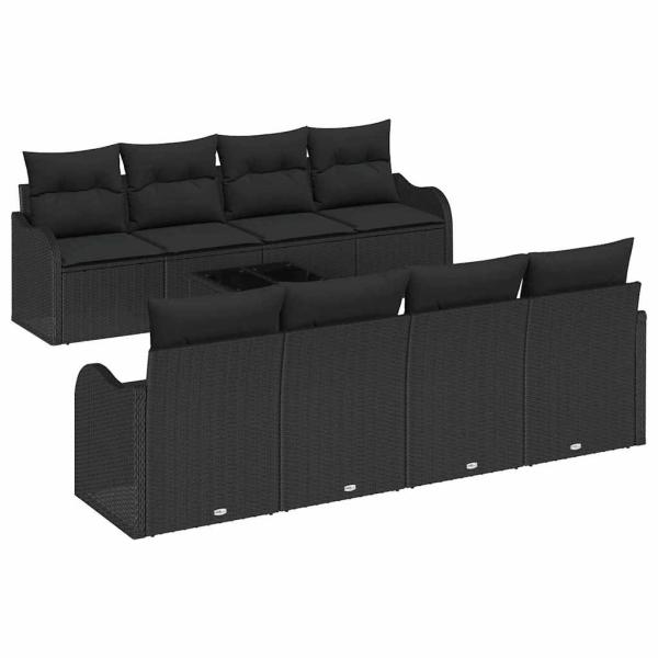 9-teiliges Garten Sofa Set mit Kissen Schwarz Poly Rattan, 2-Sitzer Garten Sofa mit Stauraum & Kissen Schwarz Poly Rattan